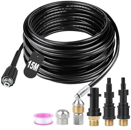 Nicoone Manguera de limpieza de tuberías 15 m compatible con Karcher K2 - K7, Lavor, Bosch, Parkside, bolsa con 3 adaptadores, 2 boquillas y 1 cinta adhesiva