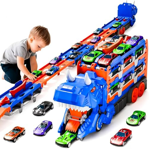 Pmueuff Camion Trasporto Dinosauri, Transporter Truck Macchinine Giocattoli con 12 Auto da Corsa e Pista Pieghevole Camion Trasportatore di Dinosauri Giocattolo Regalo per Ragazzi dai 3 4 5 6 7 Anni