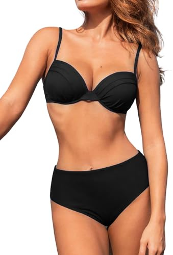 JFAN Traje de Baño Mujer 2 Piezas Bikini Push Up con Relleno Bañador Dos Piezas Sólido Sexy Bikinis con Aros(Negro,M)