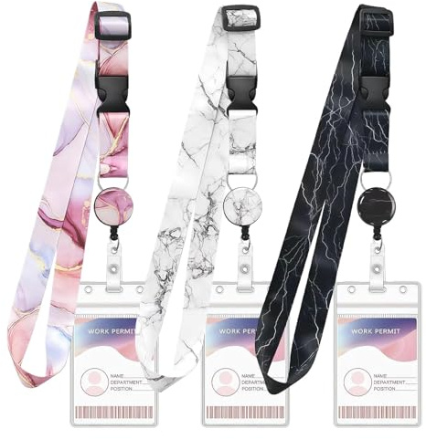 Nyckelband Lanyards 3-set, marmormönster nyckelband halsrem med transparent vattentät PVC ID-korthållare, nylonband för damer och herrar, halsrem för ID-kort
