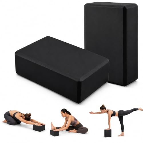 Yoga Blocks 2Pcs Gym Bricks, Non Slip Pilates Blocks Lightweight EVA Foam for Stretching, Balance, Flexibility, Meditation, Exercise Training & Home Gym, Yoga Accessories for Women & Men (Black)