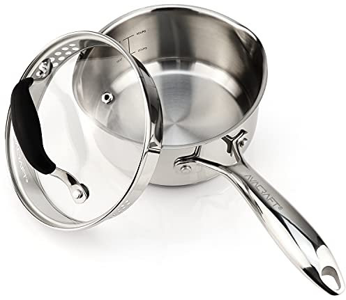 AVACRAFT Stainless Steel Saucepan with Glass Strainer Lid, Two Side Spouts for Easy Pour with Ergonomic Handle, Multipurpose Sauce Pot (5-Ply Capsule Bottom, 1.5 Quart)