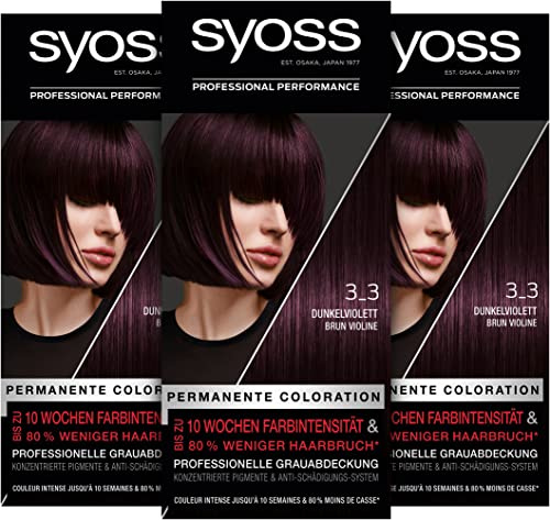 Syoss Color Coloration 3_3 Dunkelviolett Stufe 3 (3 x 115 ml), permanente Coloration für bis zu 10 Wochen Farbintensität und 70 % weniger Haarbruch*