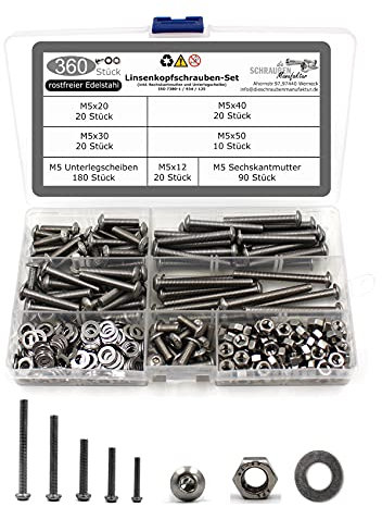 360 teiliges Set aus Linsenkopfschrauben mit Innensechskant nach Norm ISO 7380-1 + Sechskantmutter DIN 934 und Unterlegscheibe DIN 125 Edelstahl Größe M5