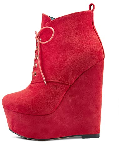 NobleOnly Femmes Haut High Talon Heel Compensé Plate-forme Rond Bout Bottines Lacets Fermeture à Glissière Dress Classique 16 CM Heels Rouge Suède 38 EU