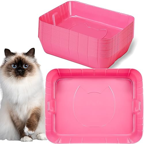 Bokon 25 Count Disposable Litter Box for Cat, Large Disposable Litter Tray for Travel Home Durable Portable Plastic Kitty Litters Boxes Leak-Resistant Easy-Grip Rim, 15.7 x 11.8 x 3 Inches(Pink)