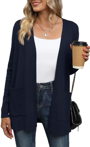 Yommay Cárdigan para mujer, elegante, holgado, informal, ligero, otoño, manga larga, suéter con bolsillos, azul marino, XXL