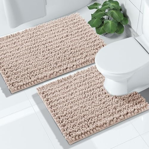 Yimobra Bath Mat Sets 2 Piece, Plush Soft Bath Mat Set Non Slip, Fluffy Thick Shower Rug Carpet for Bathroom Floor, Super Durable Absorbent Machine Washable, 43x61+61x51 cm, Beige