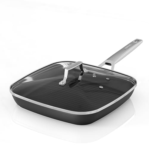 MsMk Square Grill Pan with Lid, 9.5 Inch Titanium and Ceramic Nonstick Grilling Skillet Pan，Stay-Cool Handle，Compatible with All Stovetops，PFOA Free，Dishwasher & Oven Safe，Indoor Chicken Skille