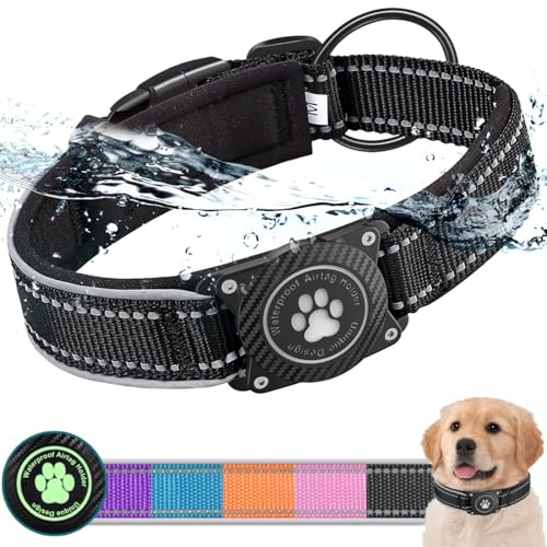 Ytanest Waterproof Airtag Dog Collar, Dog Collar with Apple Air Tag Holder, Reflective Dog Tracker Collar for Small Medium Large Dogs, Black, M