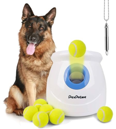 Pet Prime Automatic Dog Ball Launcher for Large Breed, Rechargeable Interactive Ball Thrower Toy with 10-40Ft, Fetch Machine with 6 Durable 2.5 Tennis Balls & Dog Whistle