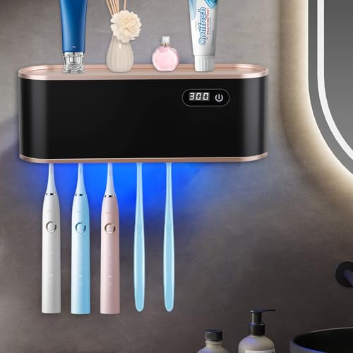 Wall Mounted Toothbrush Holder with Sterilizer Function, Electric Toothbrush Holder for Bathroom, LED Clock Display, Smart Clean Toothbrush Organizer with 5 Brush Slots for Ladies Baby Family