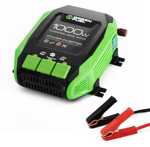 Green Fuel 1000W Power Inverter 2000W Peak w/DC 12V to 3X 120V AC, 2X 2.4Amp USB, Mounting Brackets and Clamps Included