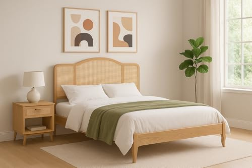 Home Treats Wooden Rattan Bed Frame with Headboard | Solid Wood Platform Bed with Woven Cane Design| Mid-Century Modern Style Bedroom Home Furniture (King)