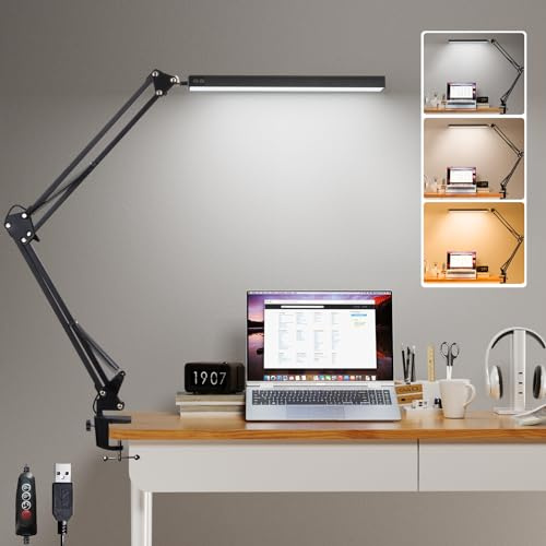 GLOBAL GOLDEN Desk Lamp, Eye Caring LED Desk Light, Adjustable Swing Arm, Memory Function with 3 Color Modes x 10 Brightness Levels, 12w Study Lamp for Office, Nails, School, Working - Black