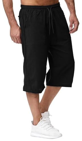 LKRSEEF Pantacourt Homme Pantalon 3/4 Lin Décontracté Taille Élastique Pantalon Court Homme Respirant avec Poches pour Été Plage Voyage Travail Décontracté