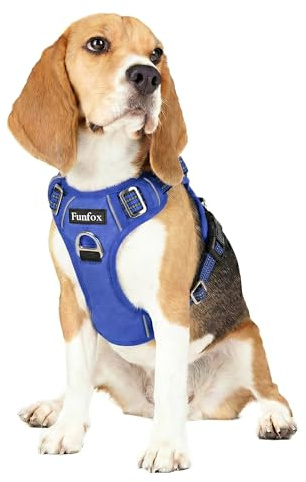 Funfox Dog Harness Medium No Pull, Adjustable 2 Clips Anti-Pull Vest with Practical Handle, Breathable Padded Pet Harness Designed for Small/Large Breeds, Reflective Training Walking Blue M