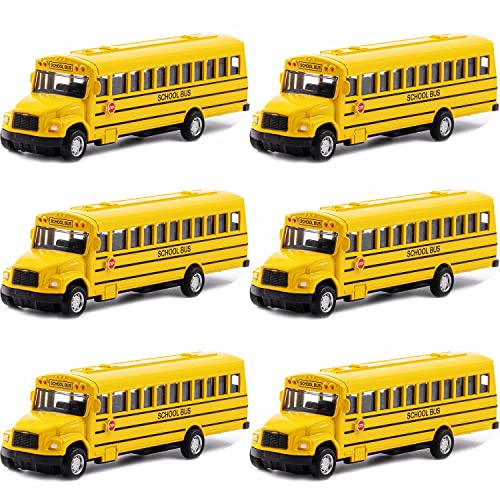 KOMENDANT 6 Pack 5.5inch School Bus with Pull Back, Die-cast Metal Toy Play Vehicles with Yellow for Kids Boys Girls Toddlers
