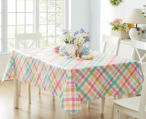 Newbridge Simone Easter Pastel Plaid Vinyl Flannel Backed Tablecloth – 60 x 84 Inch Rectangle – Wipe Clean Indoor/Outdoor Vinyl Table Cover with Flannel Backing, Cottage-Style Pastel Plaid