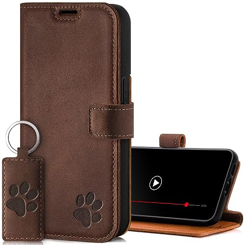 SURAZO Leather Wallet Mobile Phone Case Compatible with Apple iPhone 15 - Flip & Fold Smartphone Case with Stand, RFID Blocker, Magnet Closure, 3 Slots for Bank Cards - Handcrafted European Leather