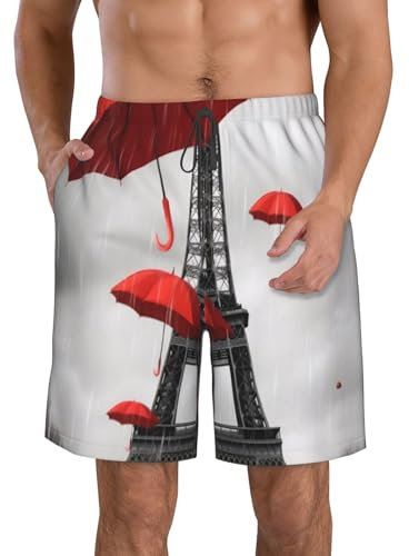 ZHONGSK Herren-Badehose, Badeshorts, Boardshorts, schnell trocknend, Strandshorts mit Taschen, Cartoon-Krabbe, Sommer-Brettshorts für Herren, Turm mit rotem Regenschirm, XXL