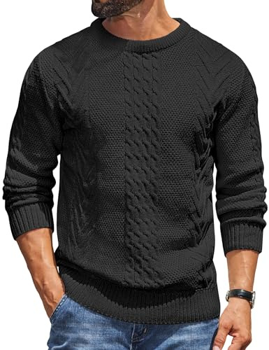 COOFANDY Hommes Pull à Col Rond et Manches Longues Basic Pull Tricoté en Câbles Hiver Decontracté Sweater Noir L
