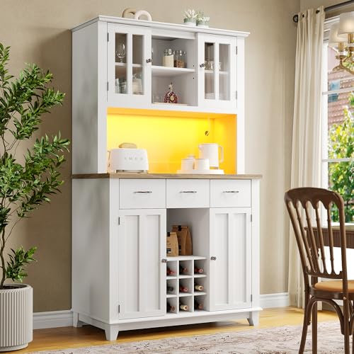 SogesHome Küchenschrank Hochschrank Küchenbuffet Vitrinenschrank Buffetschrank Sideboard mit Weinregal Schubladen LED-Beleuchtung,106 * 40 * 179.5 cm