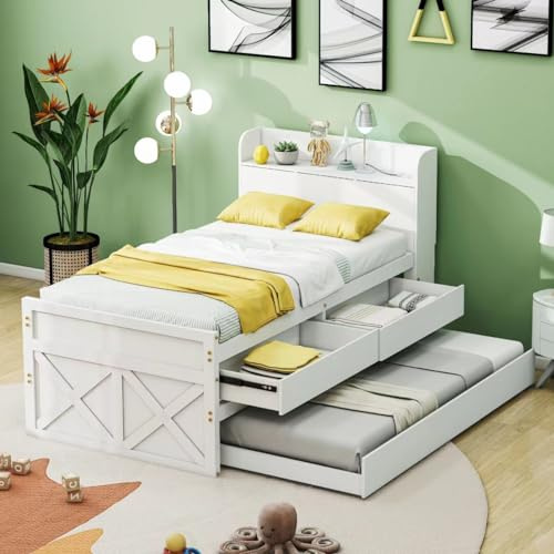 boorbin Cama individual de madera maciza de pino, multifuncional con cajón extraíble, somier de láminas, mesita de noche con estantes con conector USB, cama de invitados, 90 x 190 cm (blanco)