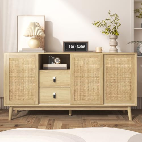 Sweiko Buffet, Commode avec 3 Portes coulissantes en rotin véritable et 2 tiroirs, Meuble de Rangement pour Le Salon (Natural)