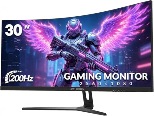 CRUA Ecran PC Gamer Incurvé 30 Pouces 200 Hz WFHD(2560 * 1080P) 1500R VA écran 1ms, 99% sRGB FreeSync, Moniteur Ultra-Large 21:9 Inclinaison Réglable Crosshair VESA Montage Mural Installer (HDMI, DP)
