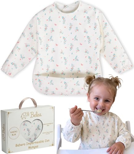BELEA Babero con Mangas Impermeable Bebe BLW con Bolsillo Recogemigas Alimentacion Complementaria Babete Impermeável Bebe Libre BPA Ajustable 6 a 36 Meses 3 Años Regalo Original Cumpleaños Baby Shower