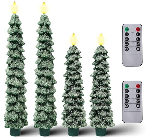 CHUANGLI 4 Pcs Christmas Flameless Candles with Remote, Real Wax Flickering LED Candles Xmas Taper Candle Christmas Tree Shaped for Home Décor Christmas Decoration