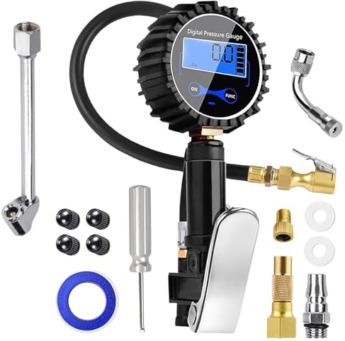 Luftdruckprüfer Reifenfüller Set, 200 PSI Digitaler Reifendruckmesser, Multifunktional Reifendruckprüfer Geeicht, Druckluft Reifenfüller mit Mehrere Ersatzteile Ventil Kern Werkzeug für Auto Motorrad