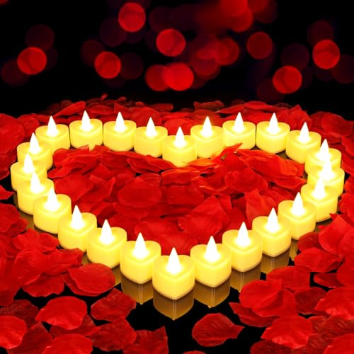 gobutend Lot de 2 000 pétales de rose artificiels avec 24 bougies romantiques sans flamme, bougies chauffe-plat LED en forme de cœur fonctionnant à piles pour une nuit romantique, un anniversaire de