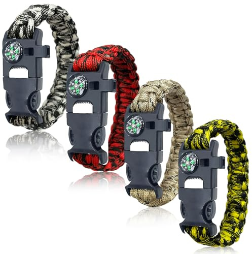 BOSOIRSOU Survival Bracelets 4-Pack | 5-in-1 Paracord Bracelet Set with Fire Starter, Compass & Whistle | Emergency Outdoor Gear for Camping, Hiking