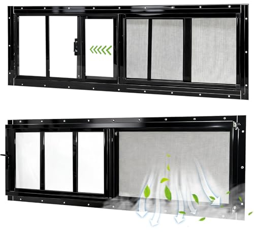 Yuzzy Shed Windows 2 Pack, 10x35 Sliding Windows Transom Window with Tempered Glass and Removable Fiberglass Screen for Shed, Chicken Coop, Playhouse, Household, Garage, Barns (Black)