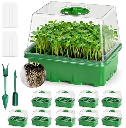 GOTVUGE Seed Trays Saatlingsträger 10er Pack, 120 Zellen Wiederverwendbarer Pflanzenvermehrer mit Durchsichtiger Feuchtigkeitskuppel & Verstellbaren Lüftungslöchern, Für Aussaat, Innenpflanzung