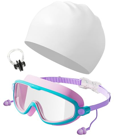 ZXTGBQ Lunettes De Natation Pour Enfants De 3 à 12 Ans, Anti-BuéE UV,Lunettes Piscine AntibuéE Aucune Fuite Anti-UV, Vision Large, Bouchons D'Oreille Avec Pince-Nez, Anti-Fuite Pour GarçOns Et Filles