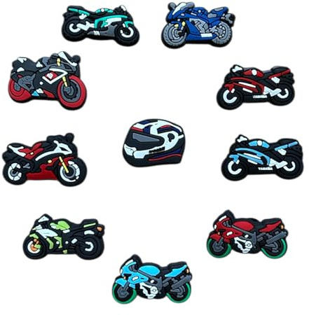 Lot de 10 Pins Breloques Moto pour Crocs – Jibbitz Motard Casque Sport – Décoration Chaussures Sabots Sandales – Cadeau Homme Passionné de Moto – PVC Souple
