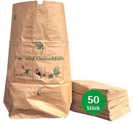 bioMat Sacchetti di carta compostabili 120l per taglio del verde, 50 sacchetti di carta per rifiuti da giardino, 2 strati, resistenti allo strappo, resistenti all'umidità