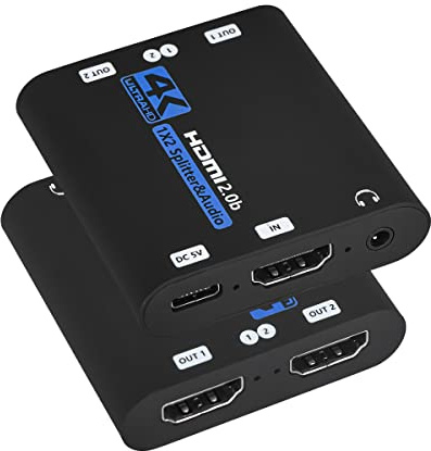 HDMI Splitter 1x2 with Audio Extractor, 1 in 2 Out Audio Video Distributor Box, HDMI 2.0b, HDCP 2.2, HDR, Support 4K@60Hz Ultra HD 3D for PS4, Xbox, STB, Blu-ray DVD Players Etc (Blue)