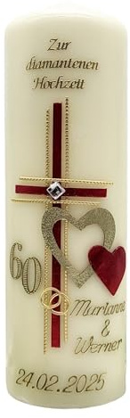 Hochzeitskerze DH-23 Diamantene Hochzeit inkl. Namen und Datum in vers. Farben HANDARBEIT - Geschenkverpackung/Kerzenständer optional