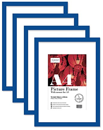 Almost Frameless A4 Blue Picture Frame Set of 4, Display A5 Pictures with Mount or A5 Without Mount Gallery Wall, Poster, Photo, Artwork, or Print, Blue