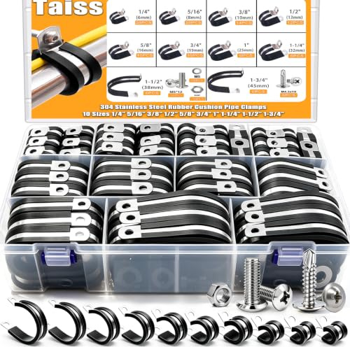 Taiss 270PCS Cable Clamps Assortment Kit,304 Stainless Steel Rubber Cushion Insulated Wire Pipe Clamps,10 Sizes 1/4 5/16 3/8 1/2 5/8 3/4 1 1-1/4 1-1/2 1-3/4 Loop Clamps With screws