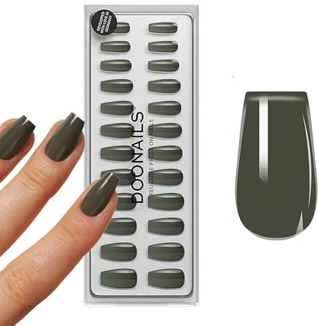 DOONAILS Soft Gel Press On Nails 30er Set Khaki Coffin Form Olivgrün Nägel zum Aufkleben Full Cover in Salonqualität Fake nails soft gel Medium Natürliches & angenehmes Tragegefühl