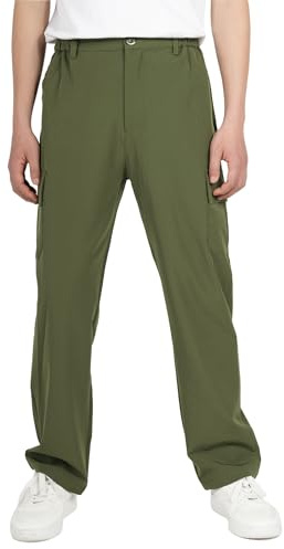 ALXHUTE Pantaloni cargo per bambini, impermeabili, in vita elasticizzata, per il tempo libero, pantaloni cargo, verde militare, 160 cm