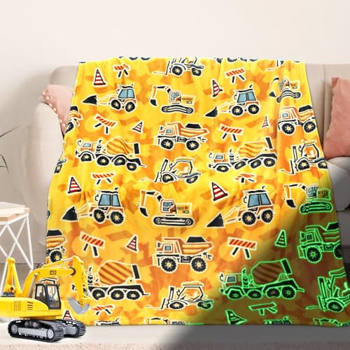 Excavator Blanket Construction Gifts for Kids Glow in The Dark Truck Blanket Soft Tractor Toys Throw Blankets Boys Car Theme Decor Blankets