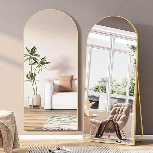Specchio a Figura Intera 180x80 cm,Specchio da Terra ad Arco con Specchio da Parete Grande con Cornice in Alluminio e vetro infrangibile,Appoggiare o Appendere per Soggiorno,Corridoio,Gold
