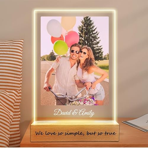 Personalized Acrylic Plaque with Photo, Custom Plaque With Unique Custom LED Wood Picture Frame for Boyfriend or Girlfriend, Personalised Mothers Day Gifts for Mum (5 Size - 15-40cm)