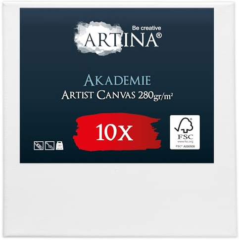 Artina Set de 10 Canvas Toile Peinture 15x15 cm – Tableau Peinture Châssis Entoilés en Bois FSC© – Tableau Toile a Peindre Blanche 100% Coton 280g/m² – Toiles Stable Petite Toile Peinture – Akademie